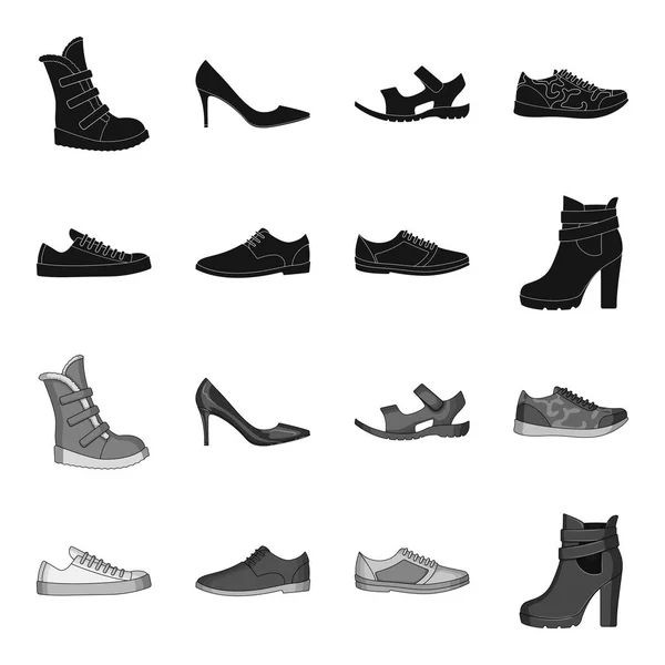 Eine Reihe von Symbolen auf einer Vielzahl von Schuhen. Verschiedene Schuhe einzelne Symbol in schwarz, monochromen Stil Vektor Web-Symbol Stock Illustration. — Stockvektor