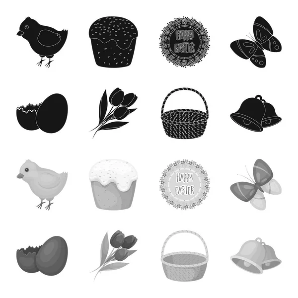 Huevo de chocolate, campanas, cesta y flores.Iconos de colección conjunto de Pascua en negro, el estilo monocromo vector símbolo stock illustration web . — Vector de stock