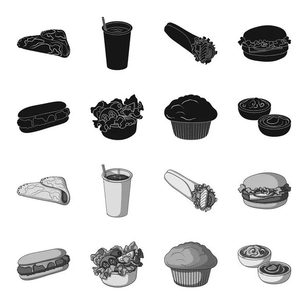 Cibo, riposo, rinfreschi, e altre icone web in nero, in stile monocromatico.Torta, biscotto, crema, icone in collezione set . — Vettoriale Stock