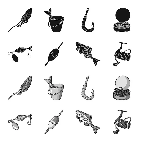 Pesca, peces, captura, gancho. Iconos de colección conjunto de pesca en negro, estilo monocromo vector símbolo stock ilustración web . — Vector de stock