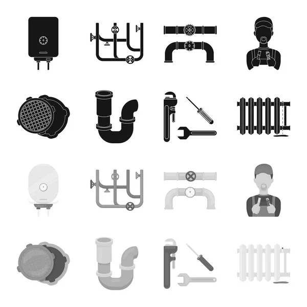 Abwasserluke, Werkzeug, Heizkörper. Sanitär Set Sammlung Symbole in schwarz, monochromen Stil Vektor Symbol Stock Illustration Web. — Stockvektor