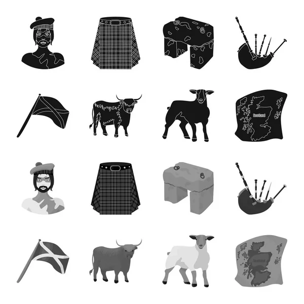 La bandiera di stato di Andreev, Scozia, il toro, le pecore, la mappa della Scozia. Scozia set icone di raccolta in nero, stile monocromatico vettore simbolo stock illustrazione web . — Vettoriale Stock