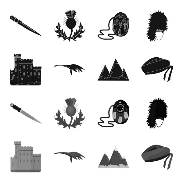Edinburghs slott, Loch Ness-odjuret, Grampian bergen, nationella cap balmoral, tam shanter. Skottland som samling ikoner i svart, svartvit stil vektor symbol stock illustration web. — Stock vektor