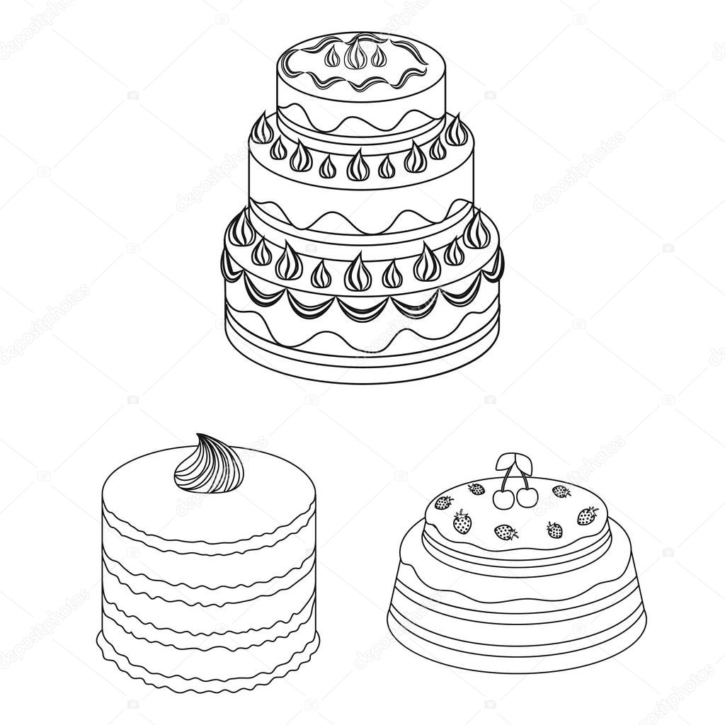 Cake and dessert outline icons in set collection for design. Holiday cake vector symbol stock web illustration.