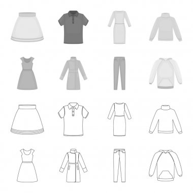 Elbise kısa kollu, pantolon, Mont, raglan ile. Giyim koleksiyonu simgeleri anahat, tek renkli stil sembol stok çizimde web ayarlamak.