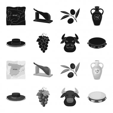Todeador, matador, bir avuç üzüm ile yumruk, bir boğa için İspanyol boğa güreşi, bir tef şapka. İspanya ülke toplama simgeler siyah, tek renkli bir tarzda vektör simge stok ayarla