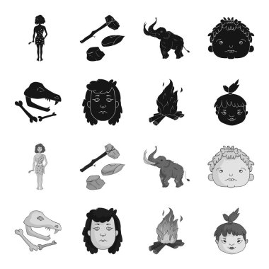 Kadın, saç, yüz, şenlik ateşi. Taş Devri toplama simgeler siyah, tek renkli stil vektör simge stok çizim web içinde ayarla..