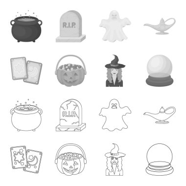 Tarot kartları, tatil Cadılar Bayramı, sihirbaz şapkalı, kristal top. Siyah ve beyaz büyü toplama simgeler anahat, tek renkli stil vektör simge stok çizim web ayarla..