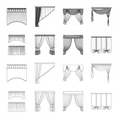 Pencere perdeleri farklı türleri. Perdeleri toplama simgeler anahat, tek renkli stil vektör simge stok çizim web ayarla..