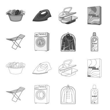 Kurutma makinesi, çamaşır makinesi, temiz elbise, çamaşır suyu. Kuru Temizleme toplama simgeler anahat, tek renkli stil vektör simge stok çizim web ayarla..