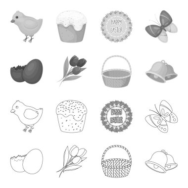 Çikolata yumurta, çan, sepet ve çiçekler. Paskalya toplama simgeler anahat, tek renkli stil vektör simge stok çizim web ayarla..