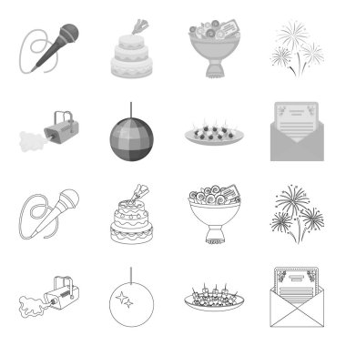 Duman, twirling bir tatil top, sandviç bir tabak, bir tebrik kartı olan bir zarf ile bir video kamera. Etkinlik Hizmetleri toplama simgeler anahat, tek renkli stil vektör simge stok ayarla.