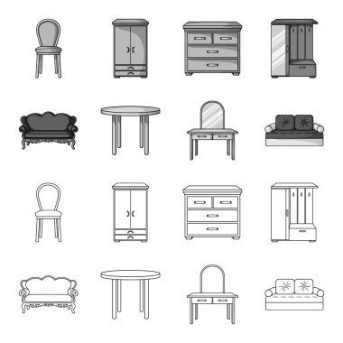Kanepe, koltuk, Masa, ayna. Anahat, tek renkli stil vektör simge stok çizim web mobilya ve ev interiorset toplama simgeler.