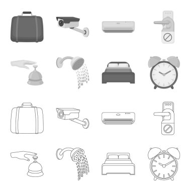Resepsiyon, çalar saat, yatak, duş, arayın. Anahat, tek renkli stil vektör simge stok çizim web simgeler otel ayarla.