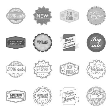 Sayılı seri, vintage, mega discont, kazmak Satılık. Etiket, anahat, tek renkli stil vektör simge stok çizim web simgeler ayarla.