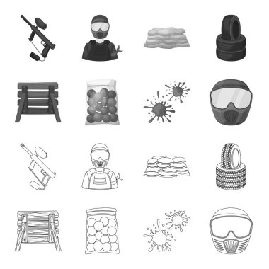 Ahşap barikat, koruyucu maske ve diğer aksesuarları. Anahat, tek renkli stil vektör simge stok çizim web Paintball tek simge.