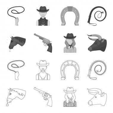 Bir at, bir boğa kafası, bir tabanca, bir kovboy kız başkanı. Rodeo toplama simgeler anahat, tek renkli stil vektör simge stok çizim web ayarla..
