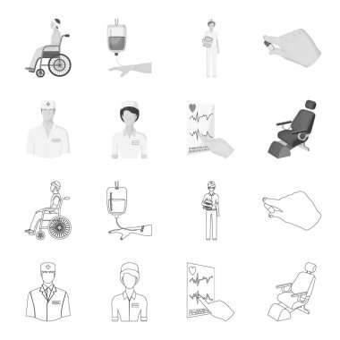 Uzman hekim, hemşire, kalp, diş sandalye kardiyogram. Medicineset toplama simgeler anahat, tek renkli stil vektör simge stok çizim web.