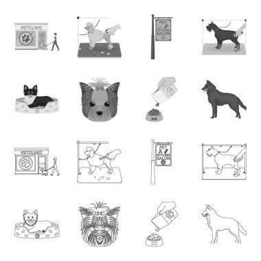 Bir tembel, bir namlu bir hayvan, bir besleme ile bir kase, çoban köpeği dişlerini bir top ile bir köpek. Evcil Hayvan, köpek bakım toplama simgeler anahat, tek renkli stil vektör simge stok çizim web ayarla.