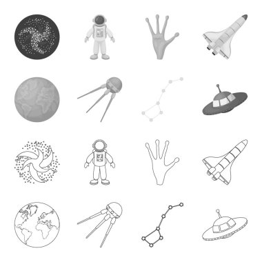 Kıtalar ve okyanuslar, planet Earth uydu, büyük ayı, Ufo uçan. Anahat, tek renkli stil vektör simge stok çizim web simgeler ayarlamak.