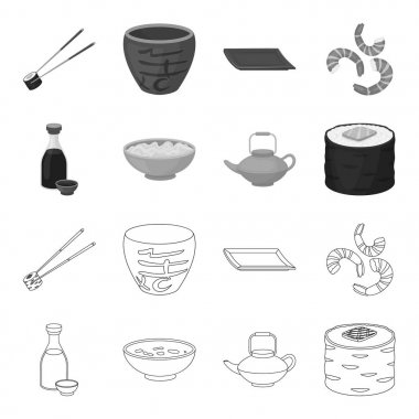 Soya sosu, erişte, kettle.rolls.Sushi anahat, tek renkli stil vektör simge stok çizim web simgeler ayarla.