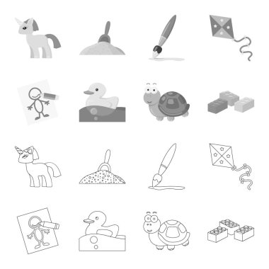 Çocuk tek renkli simgeler set koleksiyonu tasarım için anahat, oyuncak. Oyun ve önemsiz şey sembol stok web illüstrasyon vektör.