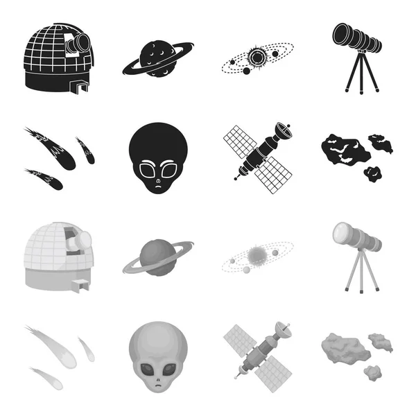 Asteroid, car, meteorite, space ship, station with solar batteries, the face of an alien. Space set collection icons in black,monochrome style vector symbol stock illustration web. — Stock Vector