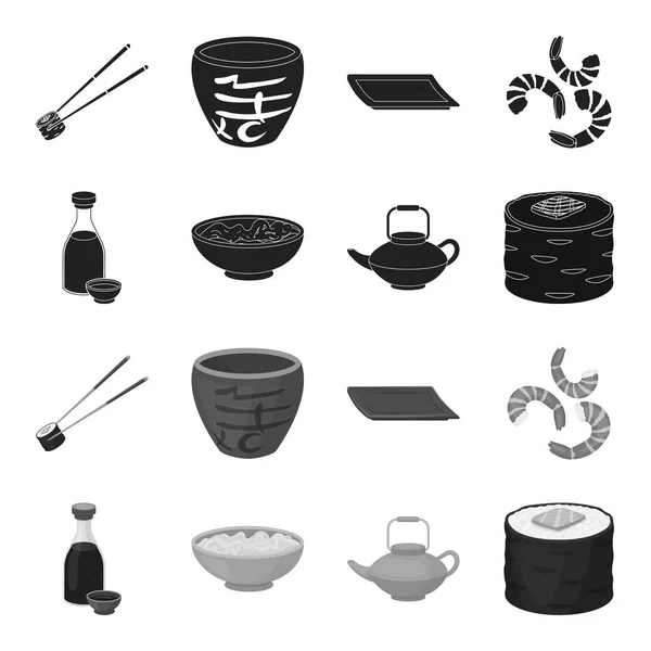 Salsa de soja, fideos, kettle.rolls.Sushi conjunto de iconos de la colección en negro, el estilo monocromo vector símbolo stock illustration web . — Archivo Imágenes Vectoriales