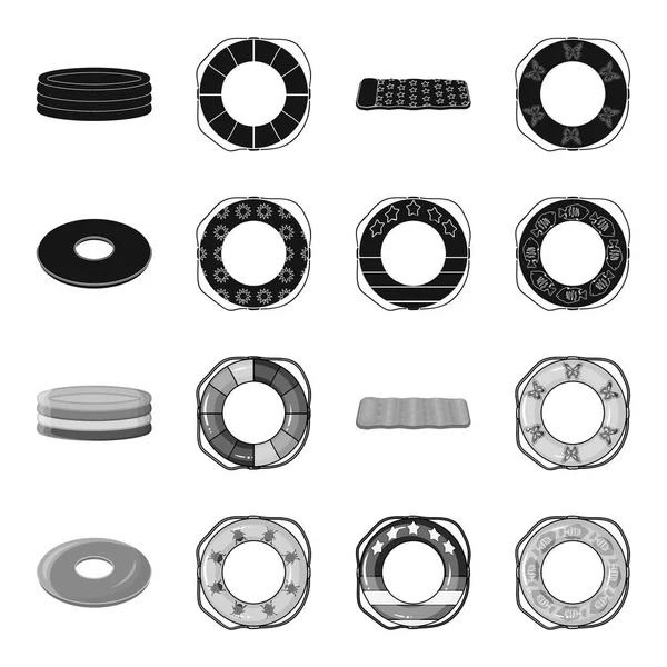 Разноцветный плавательный круг черный, монохромные иконы в коллекции наборов для оформления. Различные векторные символы спасательных буев веб-иллюстрация . — стоковый вектор