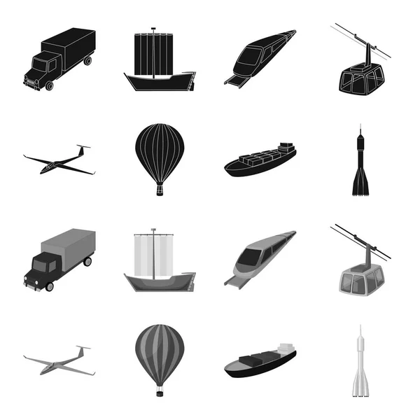 Eine Drohne, ein Segelflugzeug, ein Ballon, ein Transportkahn, eine Weltraumrakete. Transport Set Sammlung Symbole in schwarz, monochrom Stil Vektor Symbol Stock Illustration Web. — Stockvektor