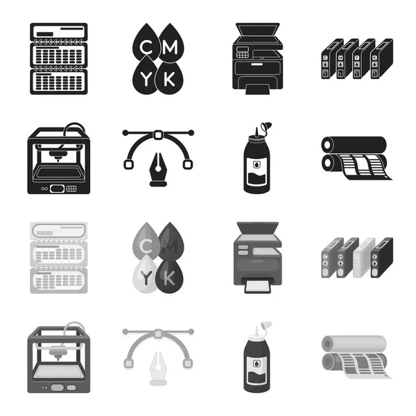 Imprimante 3D, imprimante de journal, encre, stylo. Typographie set collection icônes en noir, monochrome style vectoriel symbole illustration web . — Image vectorielle