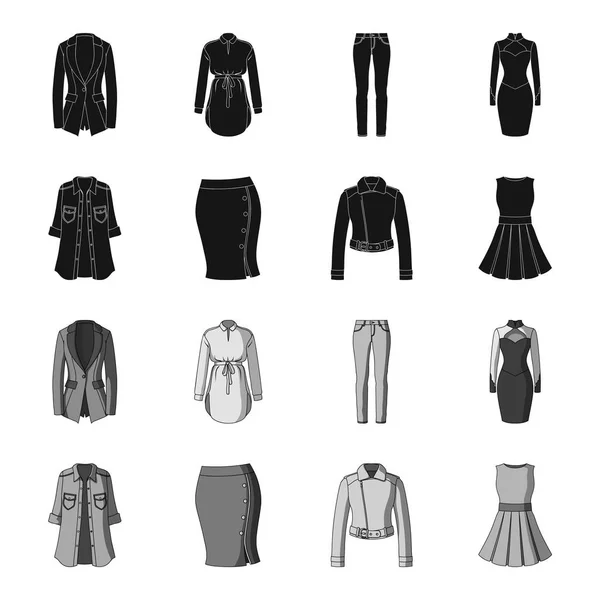 Γυναικεία ρούχα μαύρο, μονόχρωμη εικονίδια στη συλλογή σετ για σχεδιασμό. Ποικιλίες ρούχα και αξεσουάρ σύμβολο μετοχής web εικονογράφηση διάνυσμα. — Διανυσματικό Αρχείο