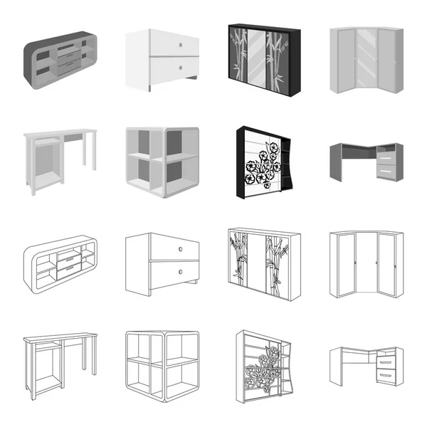 Tocador, estantes de esquina, escritorio de la computadora, armario con vidrio. Dormitorio muebles conjunto colección iconos en el contorno, el estilo monocromo vector símbolo stock ilustración web . — Vector de stock