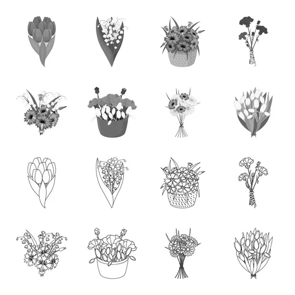 概要新鮮な花の花束のモノクロ アイコン セットのデザインのコレクション。様々 な花束ベクトル シンボル ストック web イラスト. — ストックベクタ