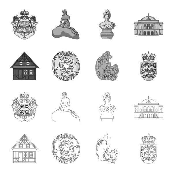 Casa, residencial, estilo, y otro icono de la web en el contorno, estilo monocromo. País, Dinamarca, mar, iconos en la colección de conjuntos . — Vector de stock