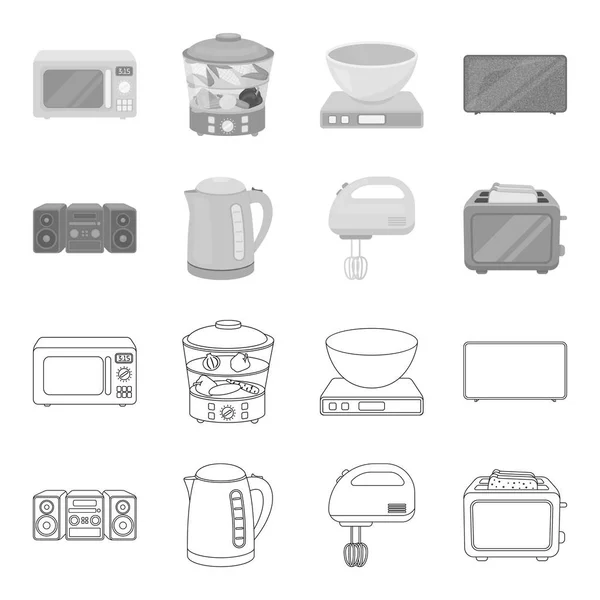 Wasserkocher, Musik-Center, Mixer, toaster.household Set Sammlung Symbole in Umrissen, monochromen Stil Vektor Symbol Stock Illustration Web. — Stockvektor