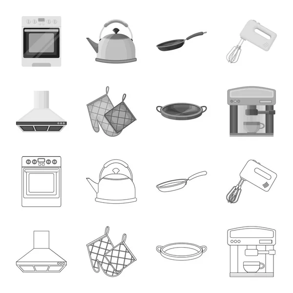 Keuken apparatuur overzicht, zwart-wit pictogrammen in set collectie voor design. Keuken en accessoires vector symbool voorraad web illustratie. — Stockvector