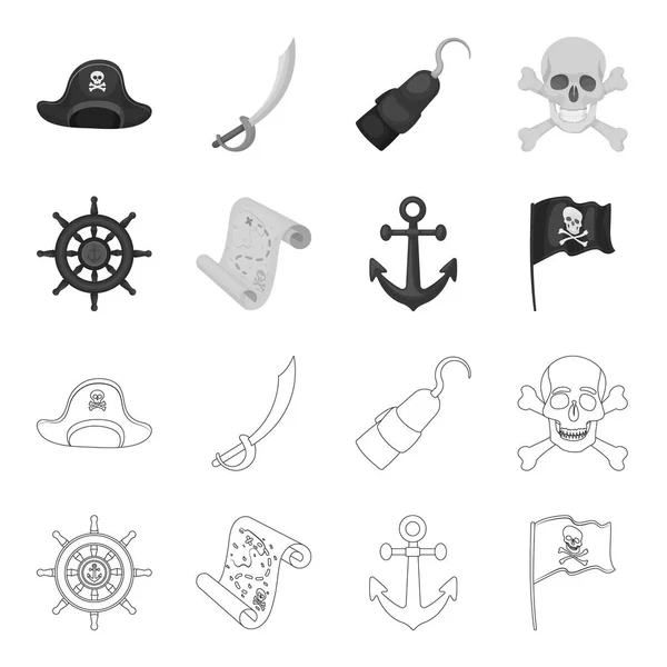 Pirata, bandido, timón, bandera .Pirates conjunto de iconos de la colección en el contorno, el estilo monocromo vector símbolo stock illustration web . — Vector de stock