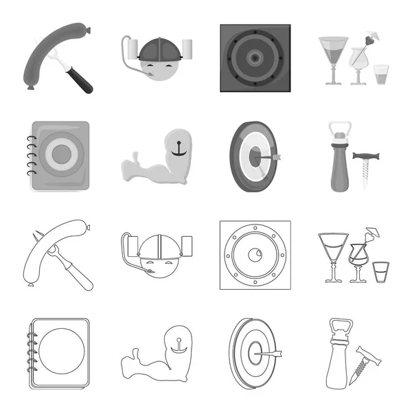 Menu, armor with tattoo, darts, corkscrew and opener.Pub set collection icons in outline,monochrome style vector symbol stock illustration web. — Stock Vector