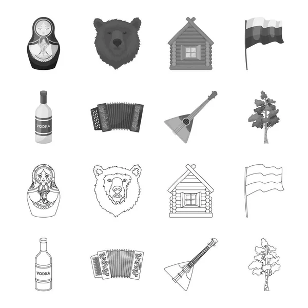 Rusland, land, wodka, accordeon. Rusland land instellen collectie iconen in overzicht, zwart-wit stijl vector symbool stock illustratie web. — Stockvector