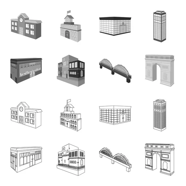 Arc de Triomphe à Paris, Pont renforcé, cafétéria, Maison de style scandinave. Architecture et ensemble de construction icônes de la collection dans les grandes lignes, monochrome style vectoriel symbole illustration stock — Image vectorielle