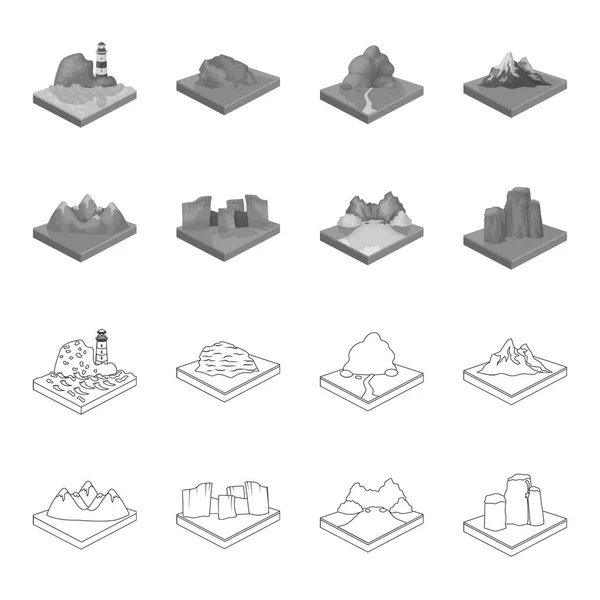 Bergen, rotsen en landschap. Noodhulp en bergen instellen collectie iconen in overzicht, zwart-wit stijl isometrische vector symbool stock illustratie web. — Stockvector
