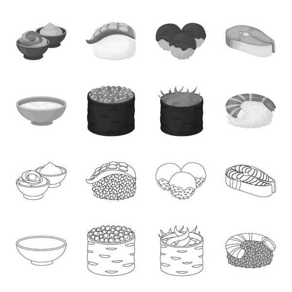 Bowl of soup, caviar, shrimp with rice. Sushi set collection icons in outline,monochrome style vector symbol stock illustration web. — Stock Vector