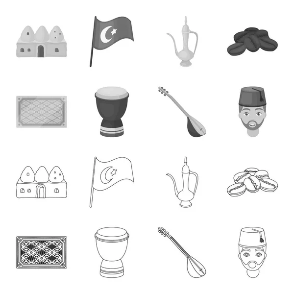 Alfombra turca, saz, tambor, turcos men.Turkey conjunto de iconos de la colección en el contorno, el estilo monocromo vector símbolo stock ilustración web . — Archivo Imágenes Vectoriales