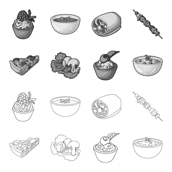 Κομμάτι Χορτοφαγική Πίτσα με ντομάτα, φύλλα μαρουλιού με μανιτάρια, το κέικ βακκινίων, χορτοφάγος σούπα με χόρτα. Χορτοφαγικά πιάτα που συλλογή εικονιδίων στο περίγραμμα, μονόχρωμη στυλ διάνυσμα σύμβολο — Διανυσματικό Αρχείο
