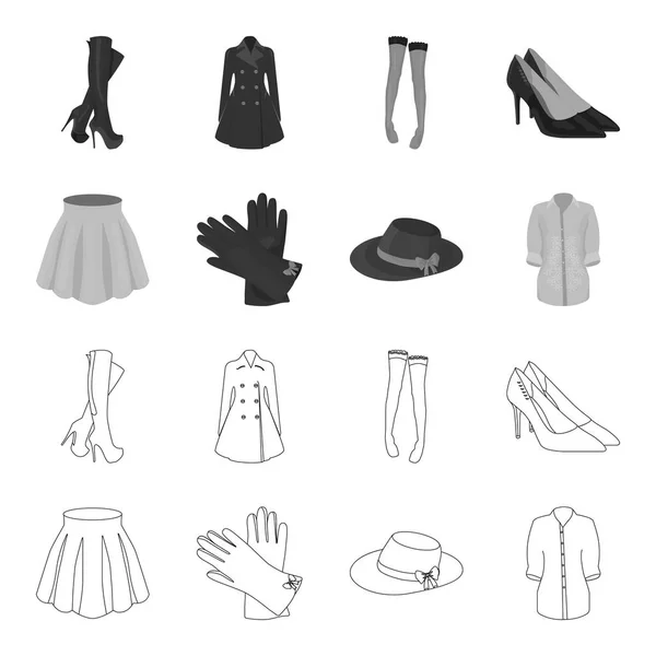 Φούστα με πτυχώσεις, γυναίκες καπέλο με ένα τόξο, δερμάτινα γάντια, πουκάμισο της βίδας. Γυναικεία ρούχα συλλογή εικόνες που σε περίγραμμα, μονόχρωμη στυλ διάνυσμα σύμβολο μετοχής εικονογράφηση web. — Διανυσματικό Αρχείο