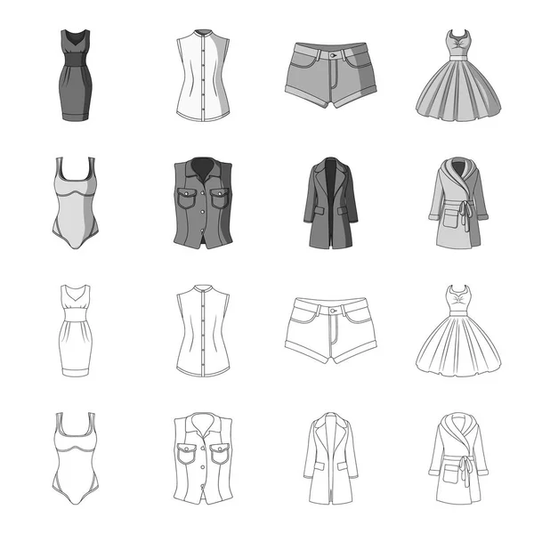 Mulheres Roupa esboço, ícones monocromáticos na coleção de conjuntos para design.Variedades de vestuário e acessórios símbolo vetorial ilustração web estoque . — Vetor de Stock