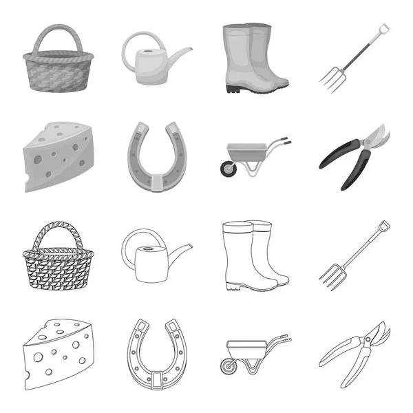 Cheese with holes, a trolley for agricultural work, a horseshoe made of metal, a pruner for cutting trees, shrubs. Farm and gardening set collection icons in outline,monochrome style vector symbol Vector Graphics