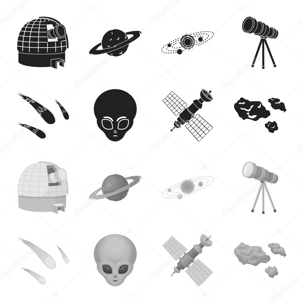 Asteroid, car, meteorite, space ship, station with solar batteries, the face of an alien. Space set collection icons in black,monochrome style vector symbol stock illustration web.