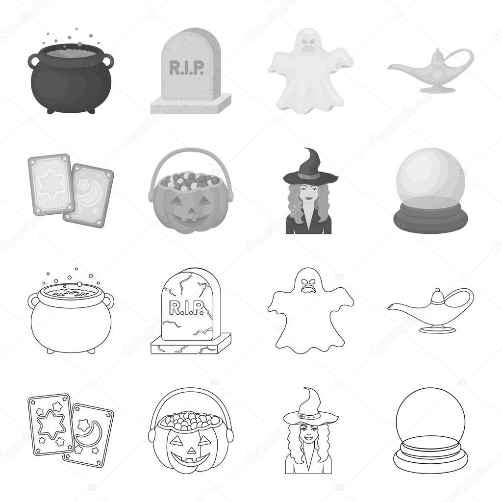 Tarot cards, holiday halloween, magician in a hat, crystal ball. Black and white magic set collection icons in outline,monochrome style vector symbol stock illustration .